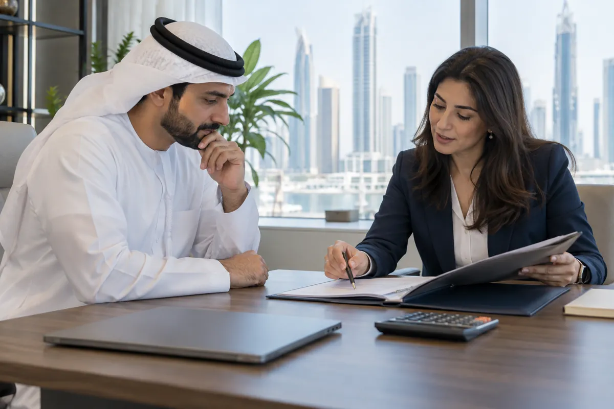 A business financing discussion with documents at a desk