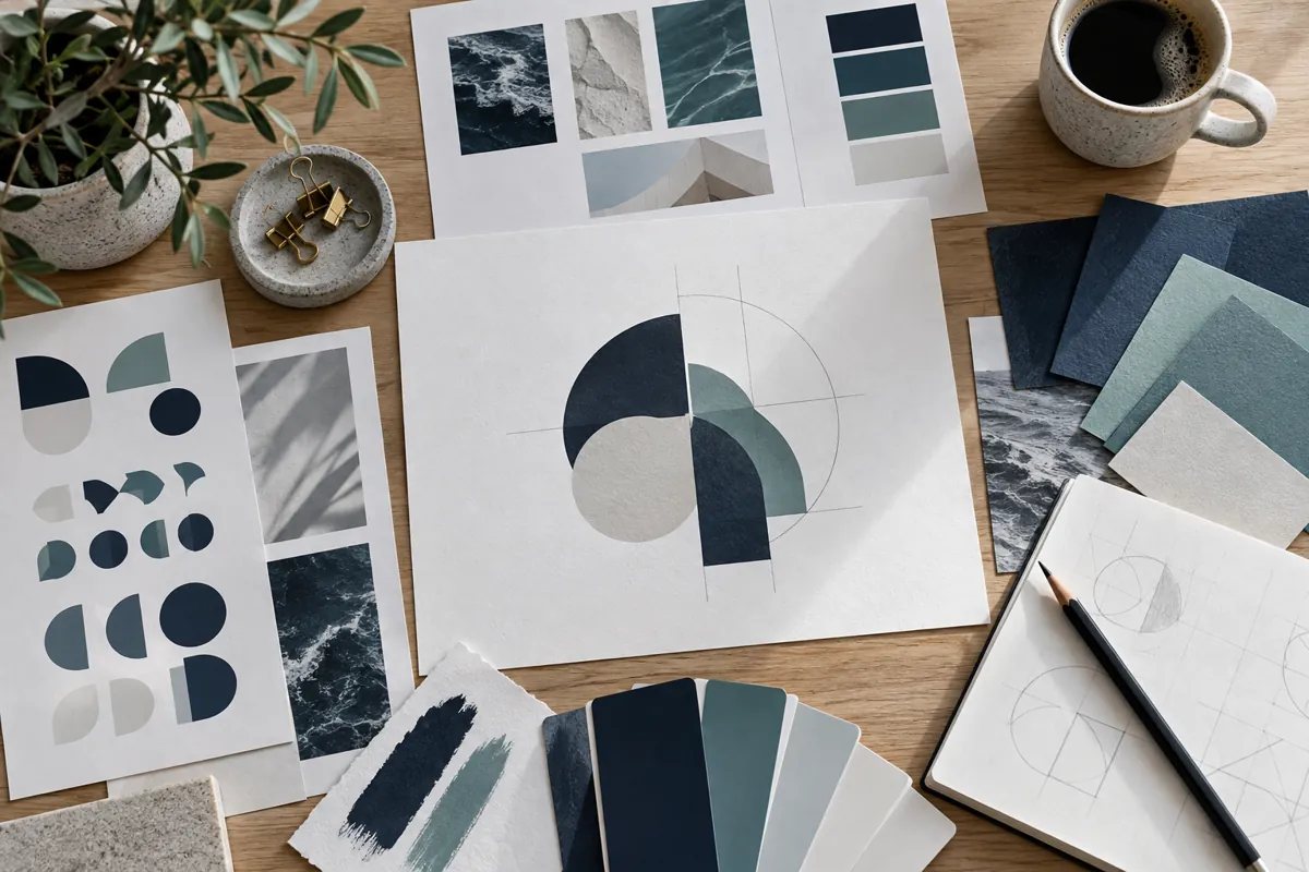 Brand design sheets with colour swatches and a notebook