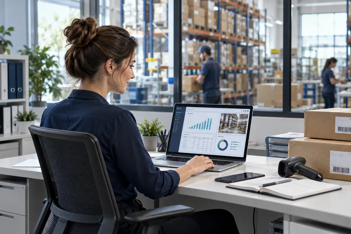 Inventory software workspace beside warehouse operations