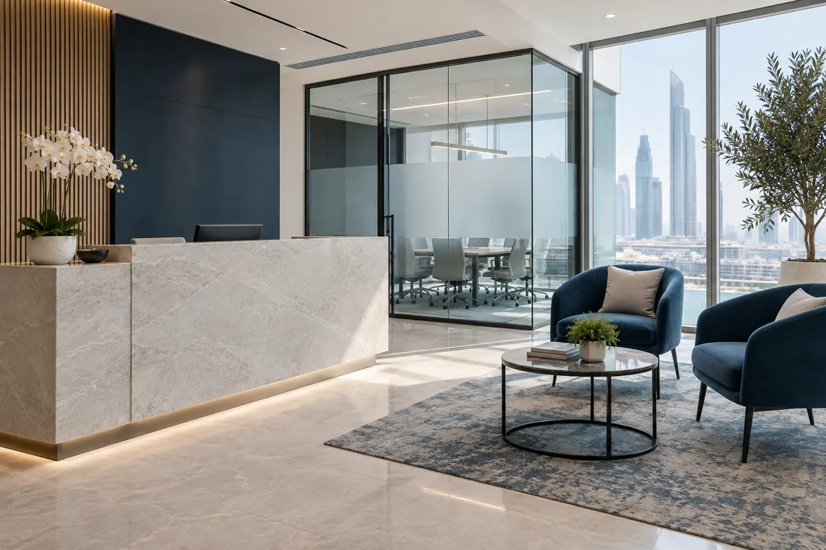 An illustrative modern business reception and meeting space