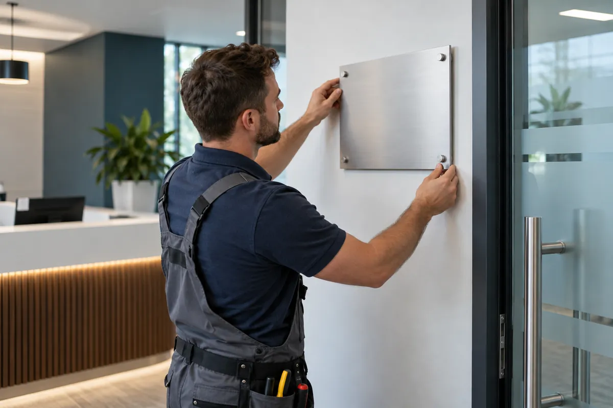 An installer positioning a sign in an office reception