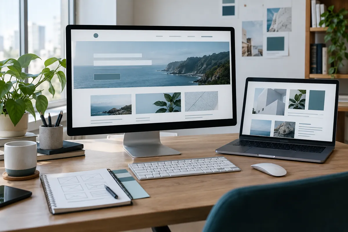 Website design layouts on a designer’s workstation